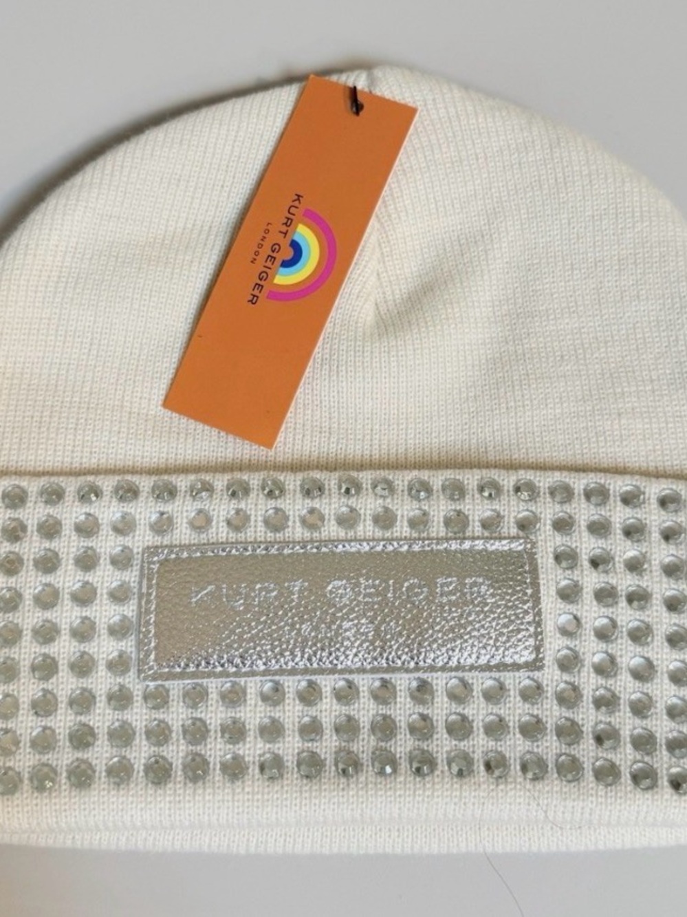 Kurt Geiger Cream Beanie with Silver Stud Detail